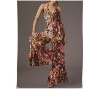 Anthropologie Plenty Free Flow Jumpsuit Small Pink Python Missing Belt  $248